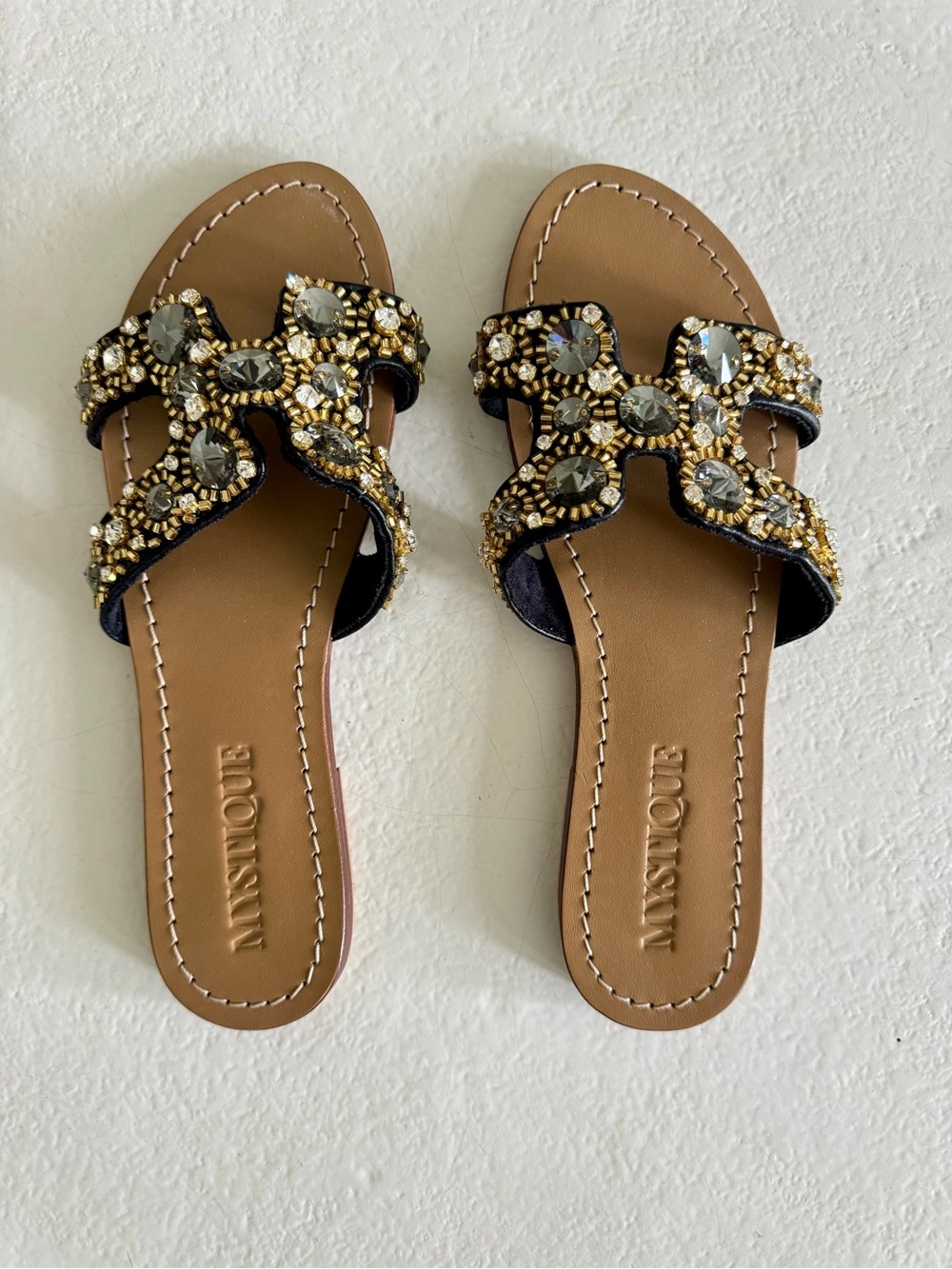 Mystique Boutique Black & Gold Jeweled Slide Sandals